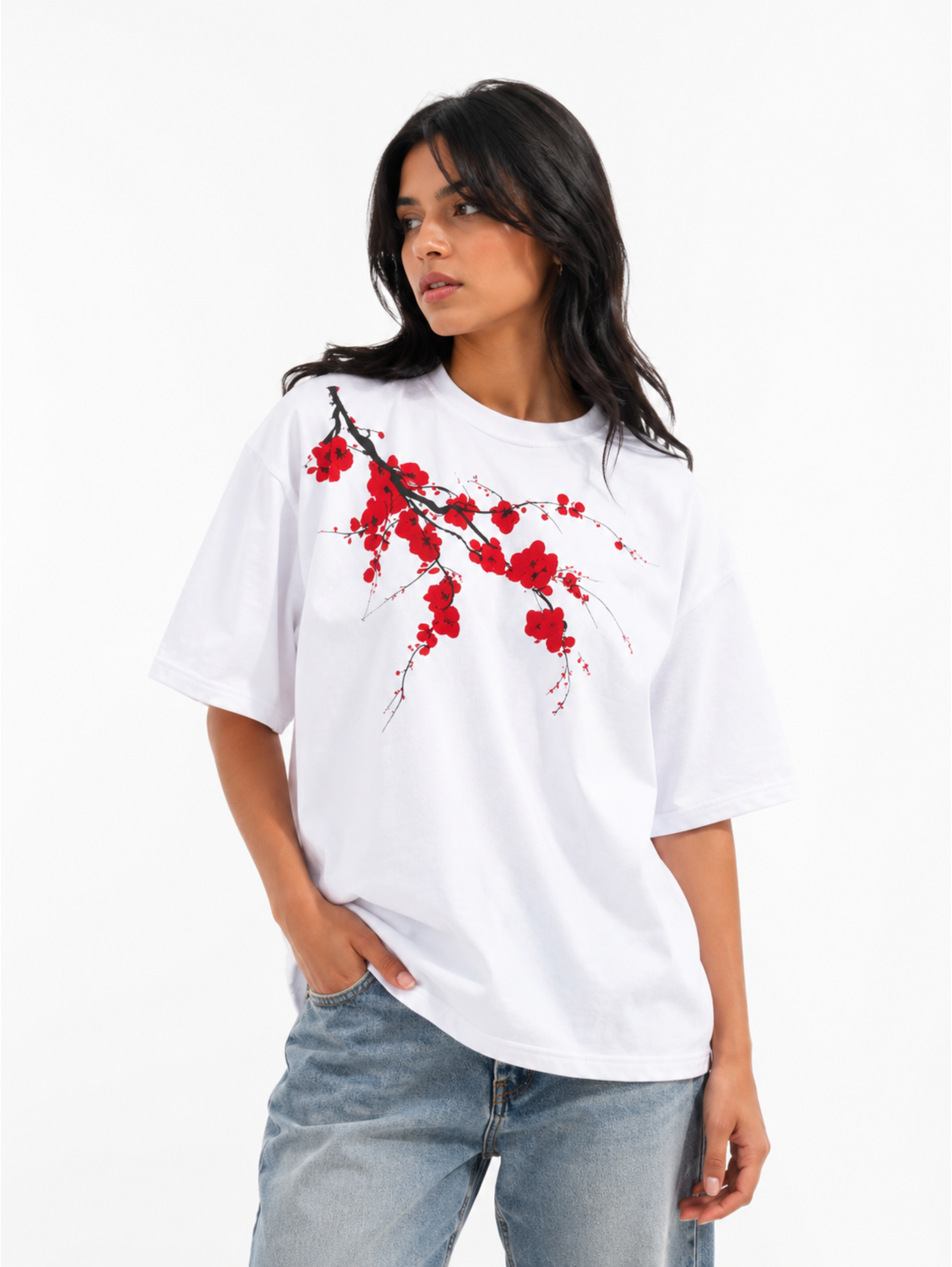 Female model wearing Beauty Dies Too oversized white heavyweight cotton t-shirt with cherry blossom artwork
