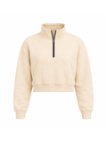 Front view of the Beige Crop Zipper showing its cropped silhouette, premium fleece fabric, kangaroo pocket, and quarter-zip collar.