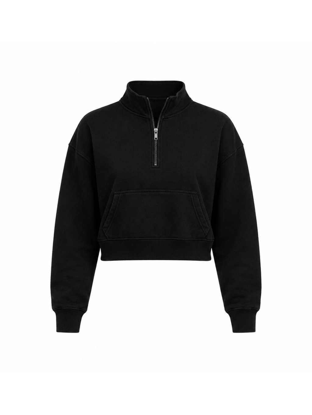 Front view of the Black Crop Zipper displaying its clean cropped silhouette, quarter-zip collar, kangaroo pocket, and minimalist construction.