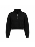 Front view of the Black Crop Zipper displaying its clean cropped silhouette, quarter-zip collar, kangaroo pocket, and minimalist construction.