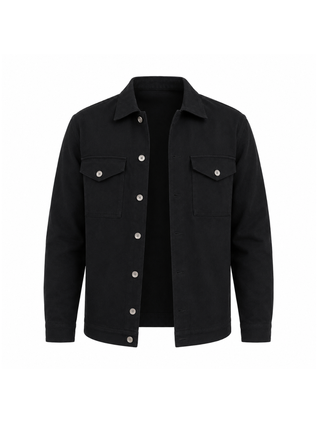Front view of the Black Denim Jacket displaying its premium heavyweight fabric, clean silhouette, button-front closure, and classic trucker construction.