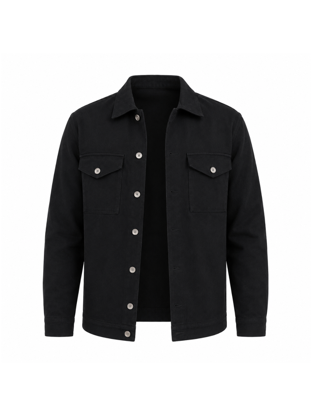 Front view of the Black Denim Jacket displaying its premium heavyweight fabric, clean silhouette, button-front closure, and classic trucker construction.