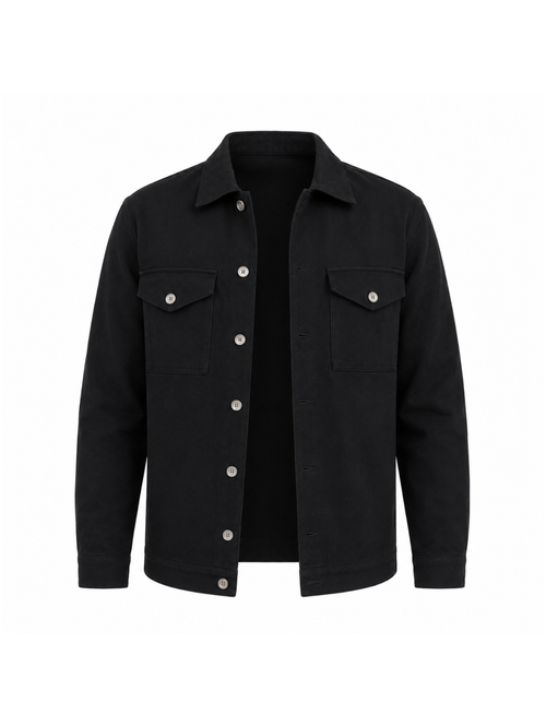 Front view of the Black Denim Jacket displaying its premium heavyweight fabric, clean silhouette, button-front closure, and classic trucker construction.