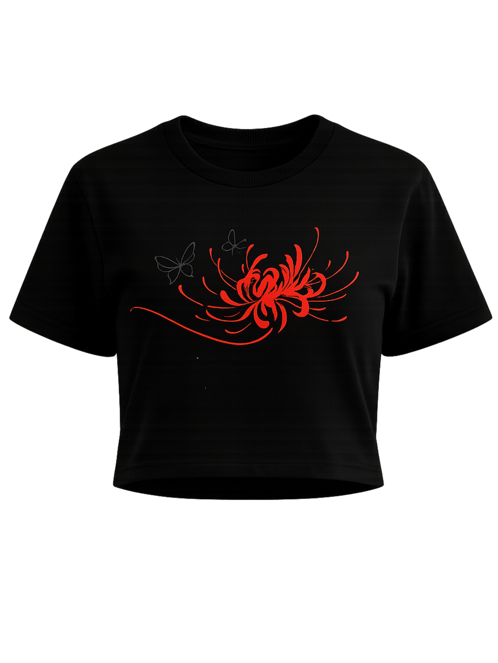 Blood Petal premium black crop top featuring crimson spider lily artwork by SYIN & SYRAH