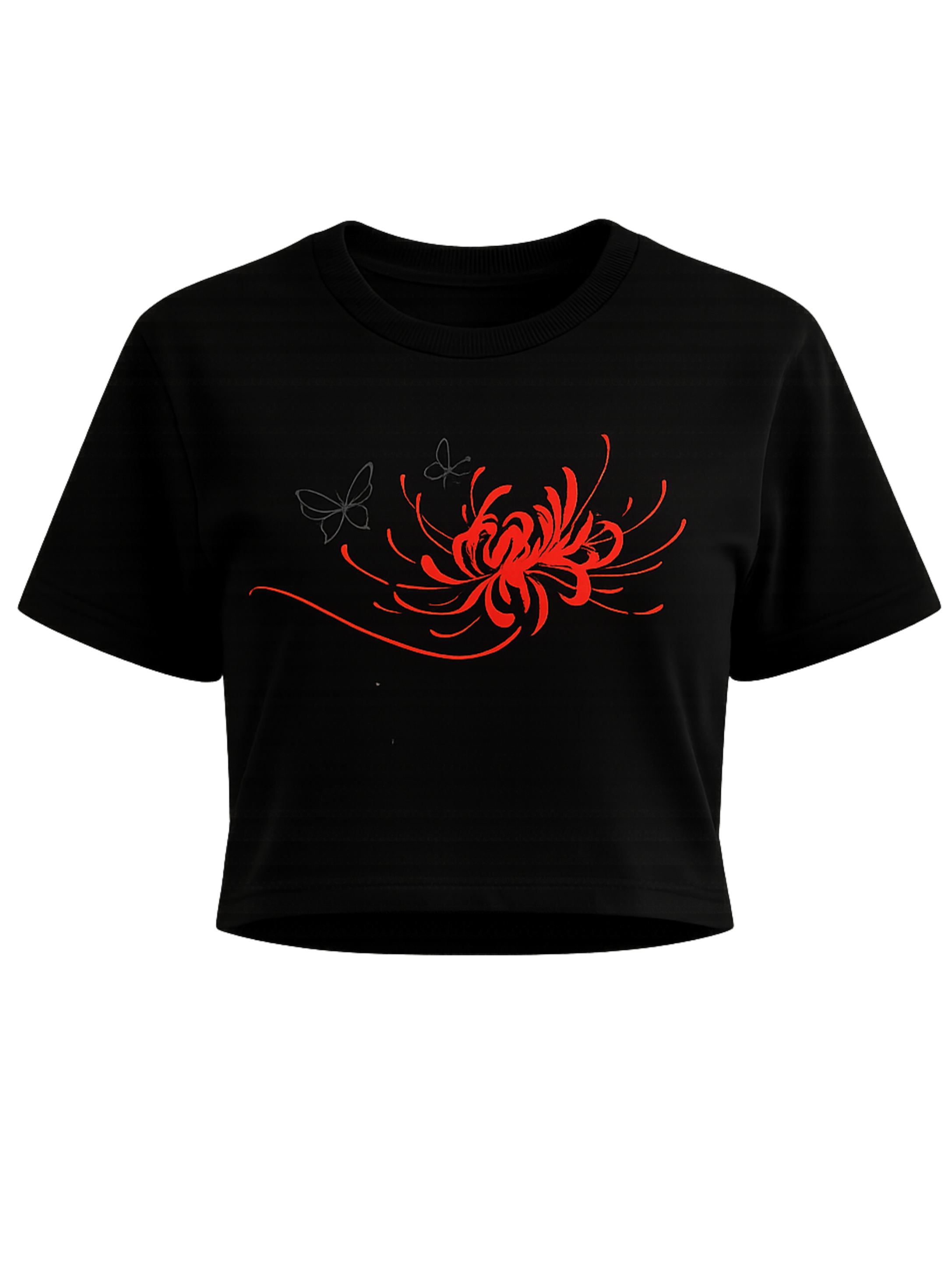 Blood Petal premium black crop top featuring crimson spider lily artwork by SYIN & SYRAH