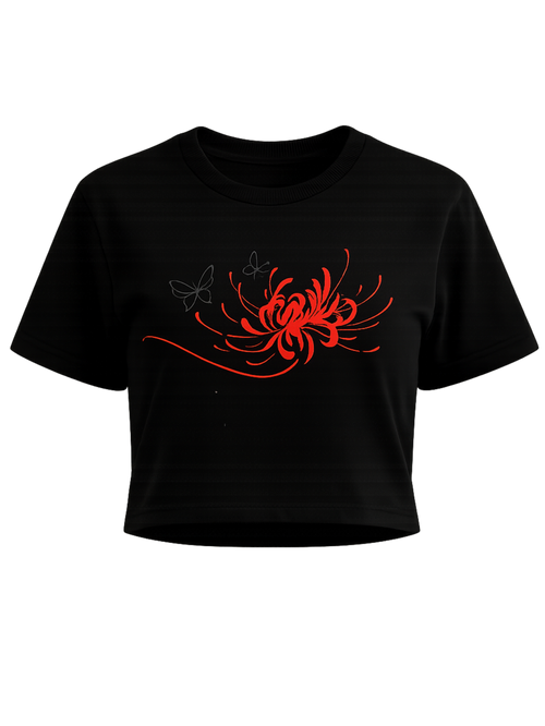 Blood Petal premium black crop top featuring crimson spider lily artwork by SYIN & SYRAH