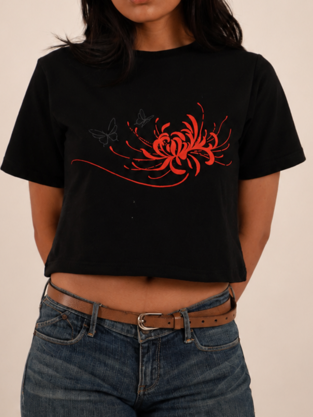 Close-up of Blood Petal crop top showcasing premium cotton fabric and spider lily artwork