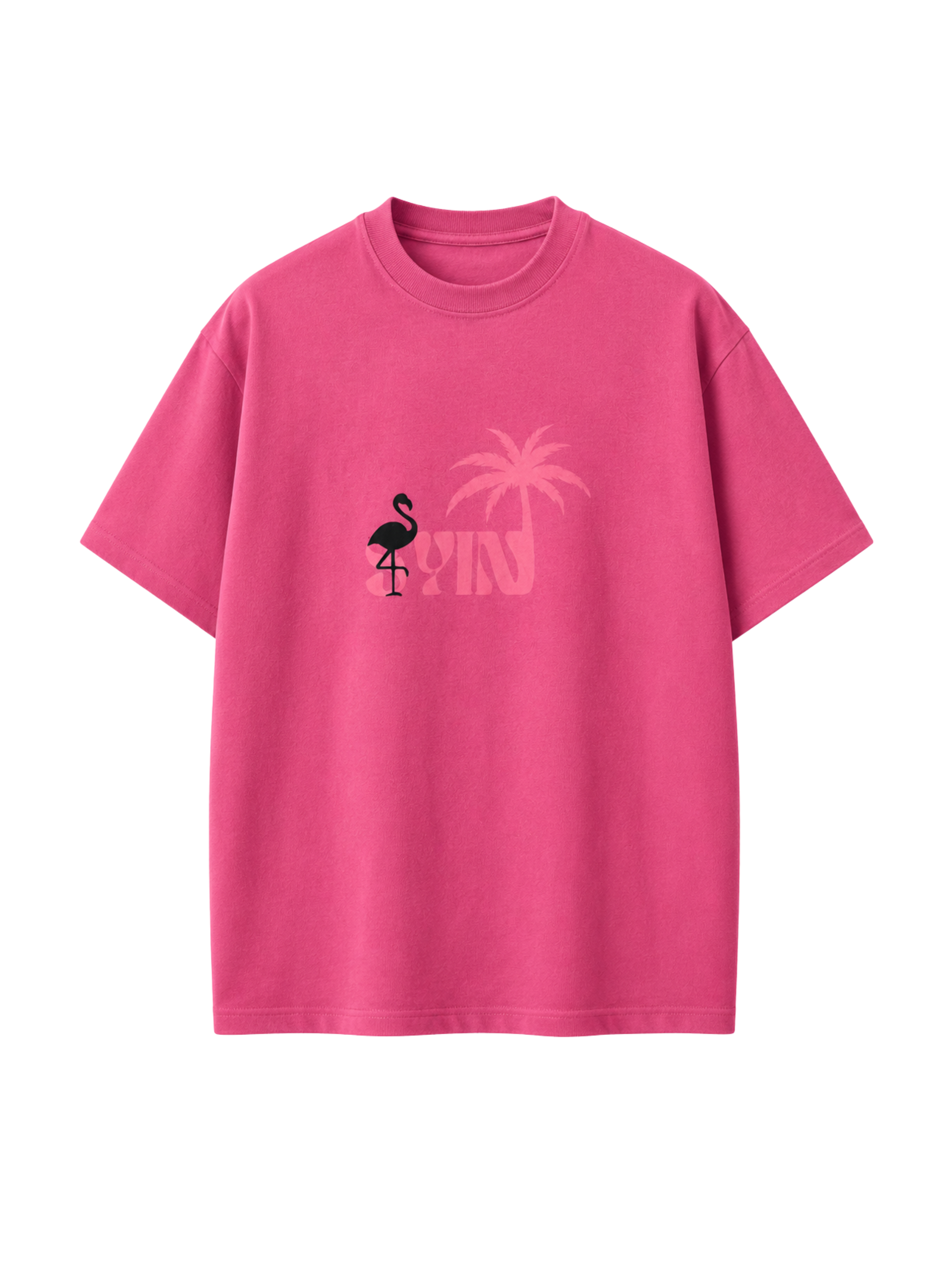 Emerge in Pink oversized pink t-shirt featuring minimalist SYIN tropical logo and flamingo graphic by SYIN & SYRAH