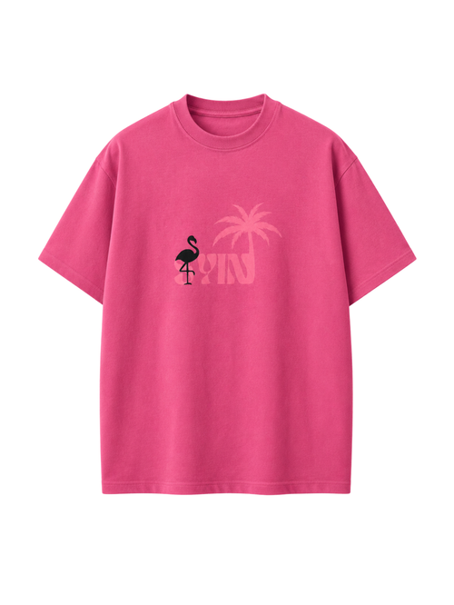 Emerge in Pink oversized pink t-shirt featuring minimalist SYIN tropical logo and flamingo graphic by SYIN & SYRAH