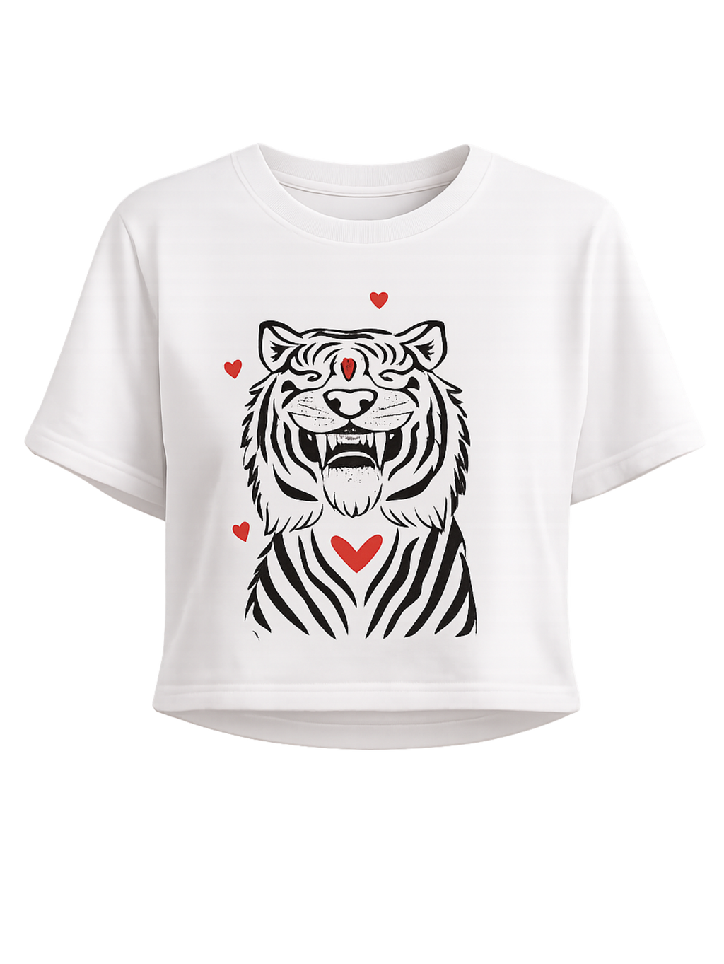 Fierce & Fluffy premium white crop top featuring playful tiger illustration with red heart accents by SYIN & SYRAH