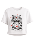 Fierce & Fluffy premium white crop top featuring playful tiger illustration with red heart accents by SYIN & SYRAH