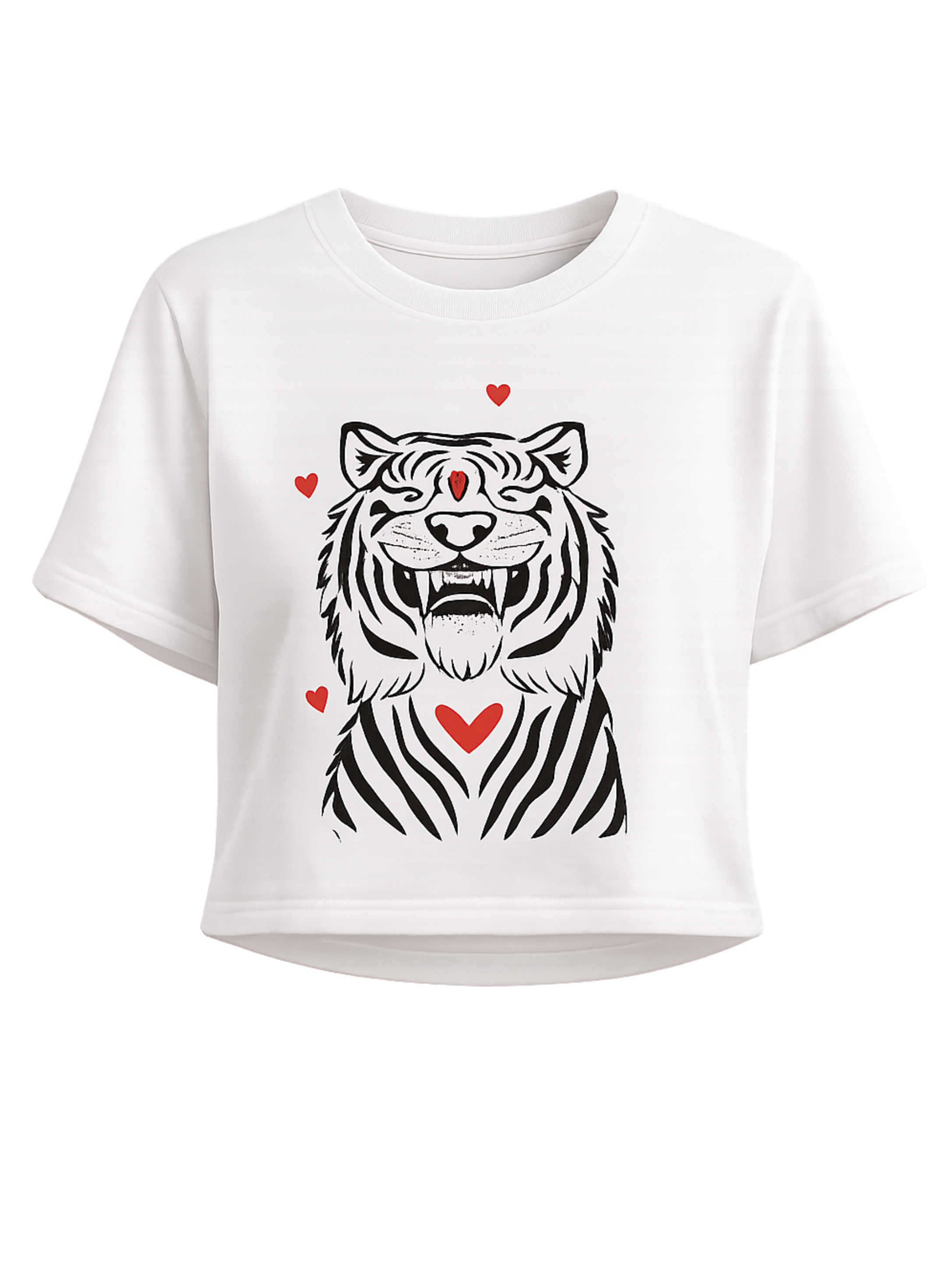 Fierce & Fluffy premium white crop top featuring playful tiger illustration with red heart accents by SYIN & SYRAH