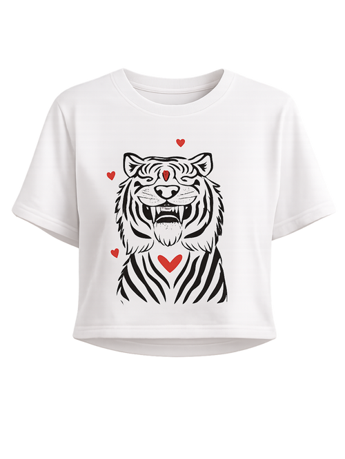 Fierce & Fluffy premium white crop top featuring playful tiger illustration with red heart accents by SYIN & SYRAH