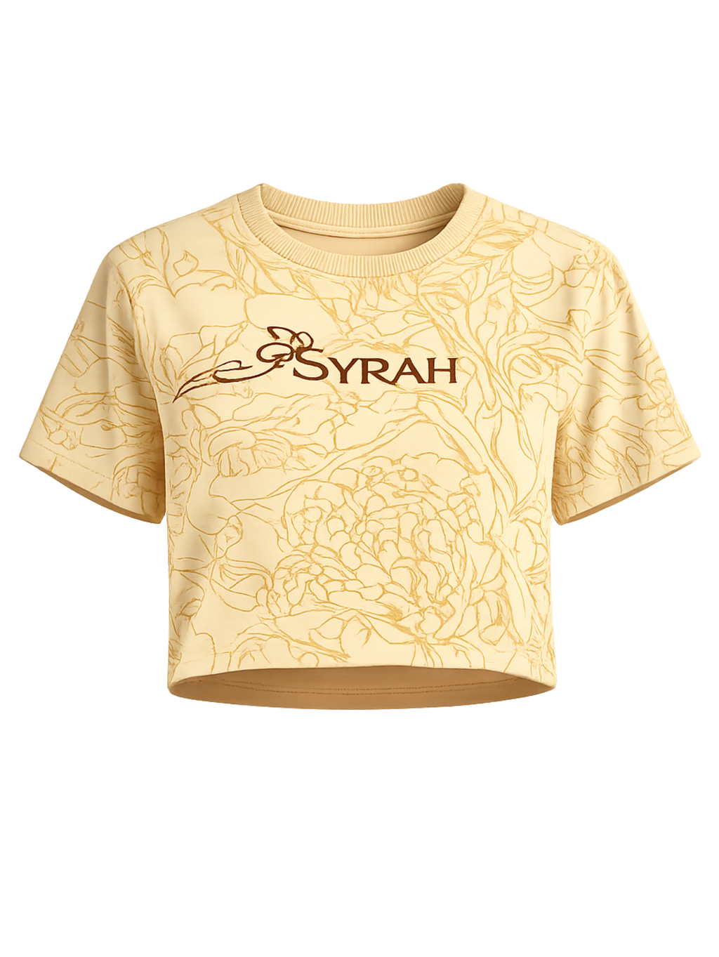 Golden Bloom cream crop top featuring all-over floral artwork and embroidered SYRAH logo