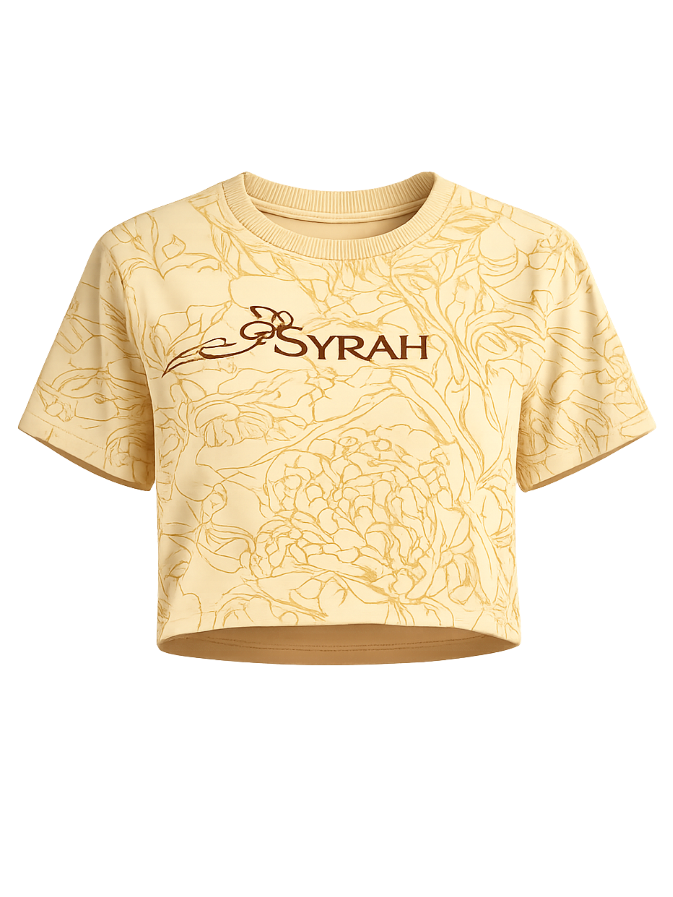 Golden Bloom cream crop top featuring all-over floral artwork and embroidered SYRAH logo