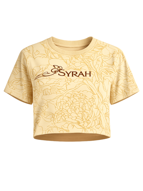 Golden Bloom cream crop top featuring all-over floral artwork and embroidered SYRAH logo
