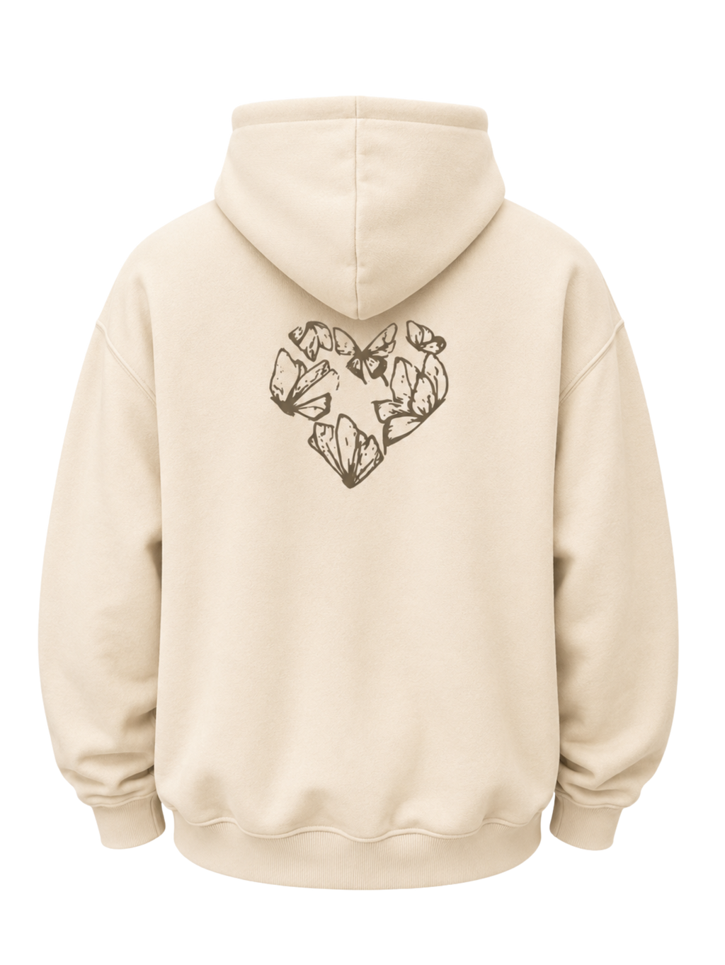 Back view of the Karmic Bloom oversized sand beige hoodie featuring the butterfly heart artwork on a transparent background.