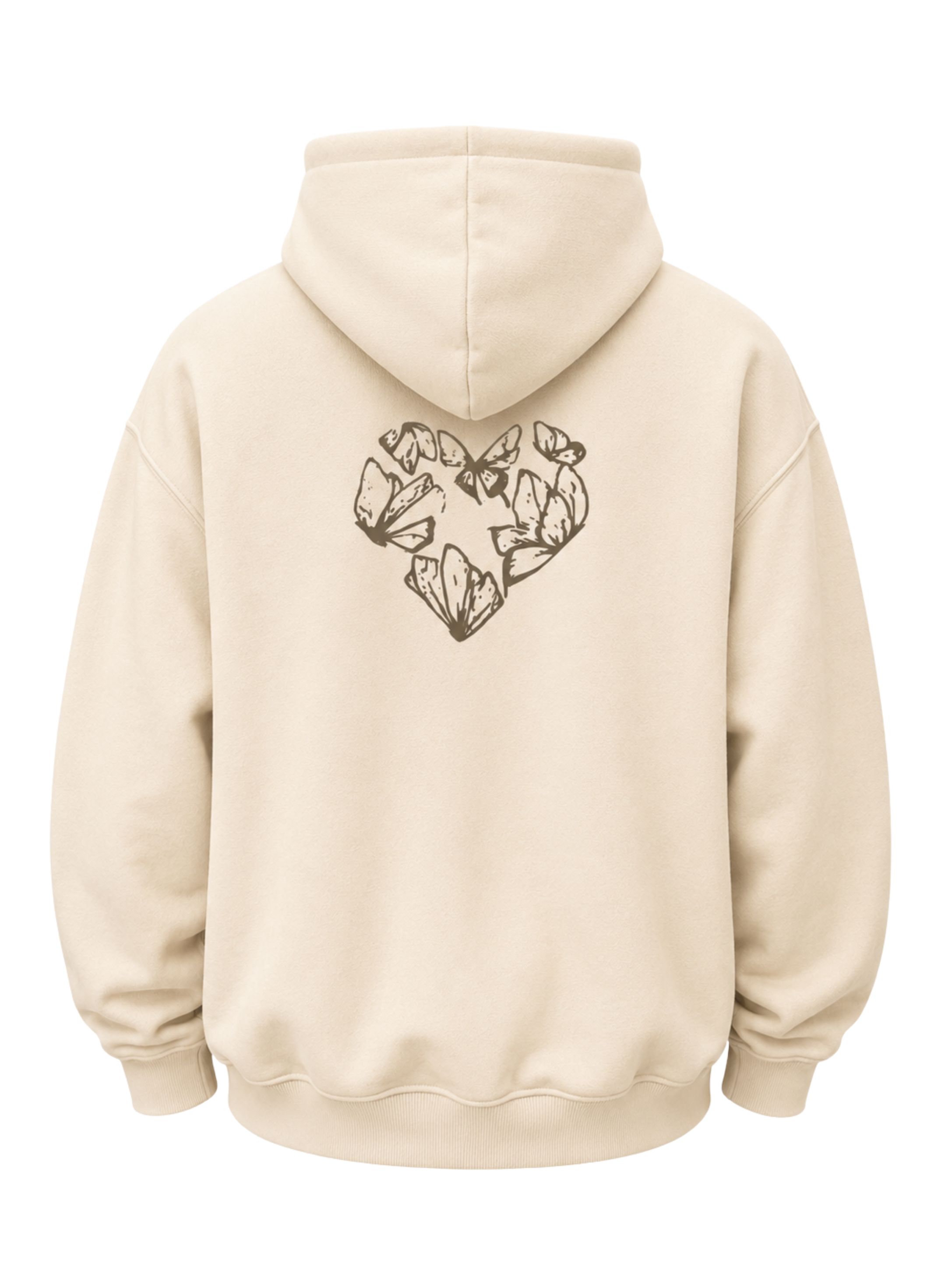 Back view of the Karmic Bloom oversized sand beige hoodie featuring the butterfly heart artwork on a transparent background.