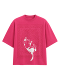 Mid Air Myth oversized pink heavyweight cotton T-shirt by SYIN & SYRAH featuring a minimalist Persian rug graphic with a falling cat illustration in premium streetwear design.