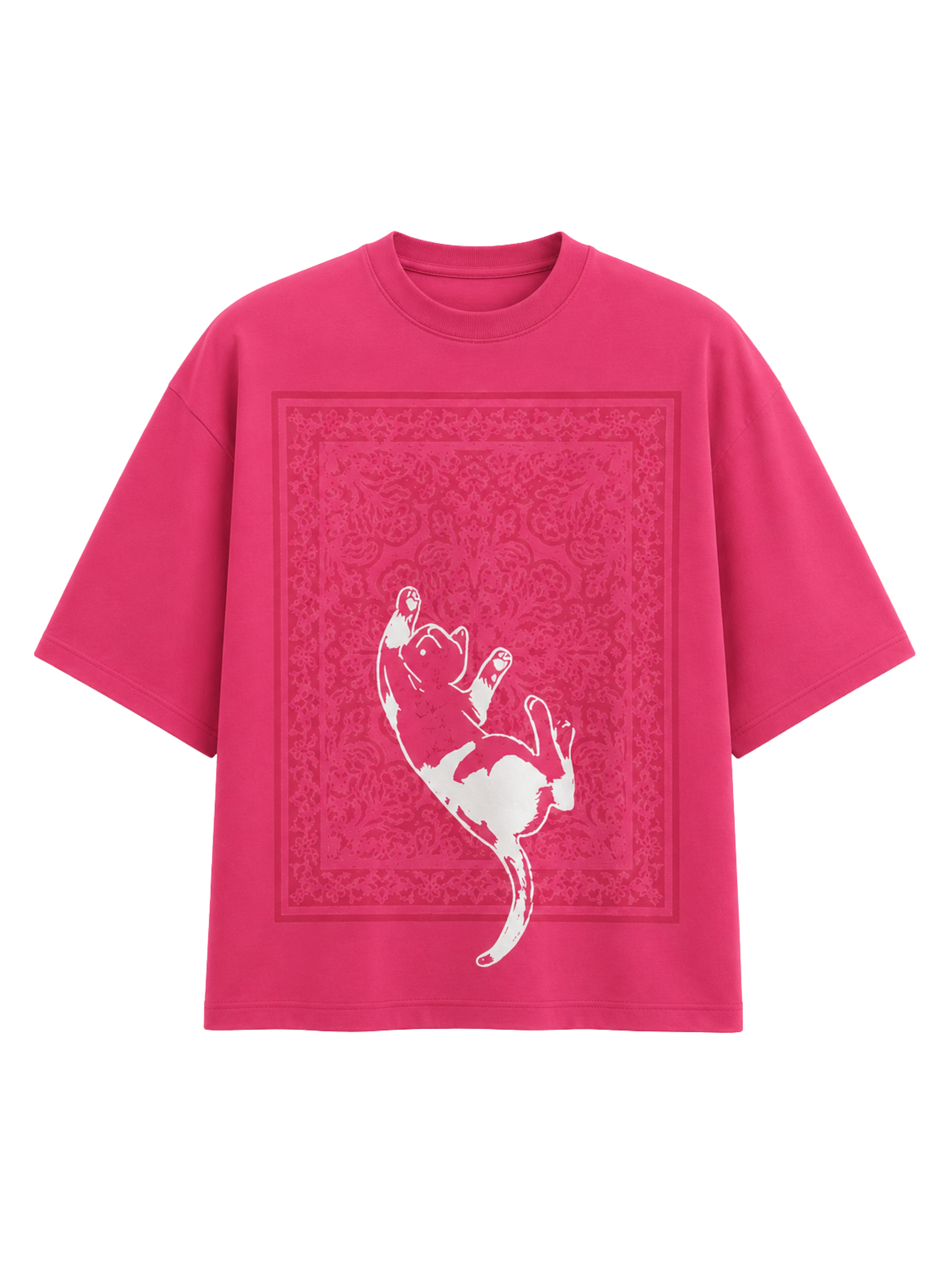 Mid Air Myth oversized pink heavyweight cotton T-shirt by SYIN & SYRAH featuring a minimalist Persian rug graphic with a falling cat illustration in premium streetwear design.