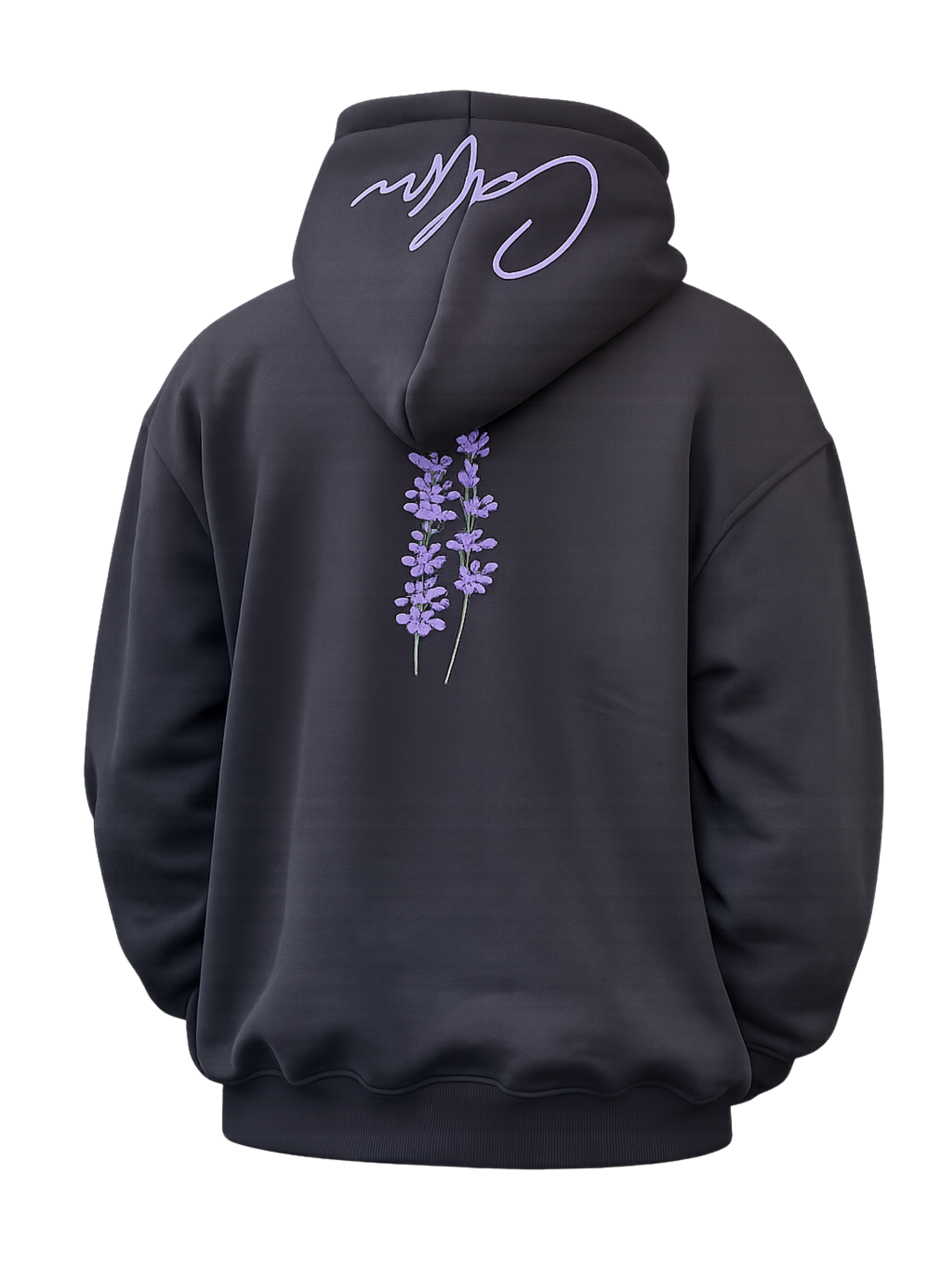 Back view of Midnight Lavender oversized black hoodie with lavender botanical print and signature hood artwork on a transparent background.