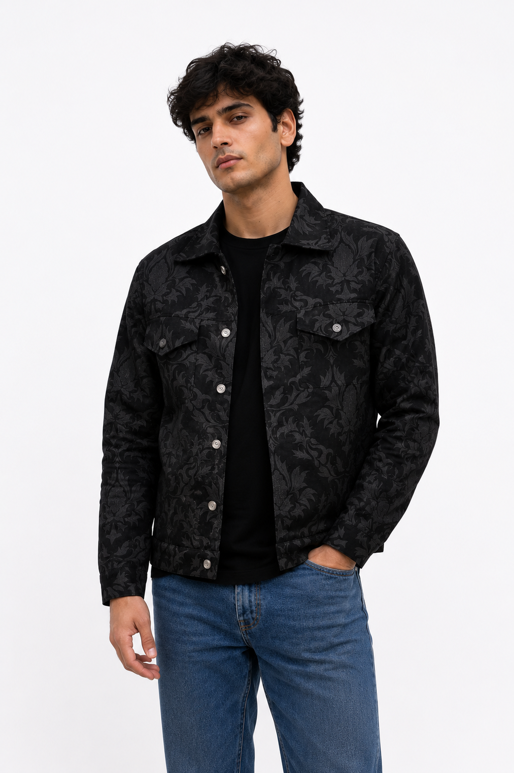 Front view of the Moth Denim Jacket worn by a model, emphasizing the tailored fit, chest pockets, and woven tonal jacquard pattern.