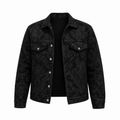 Front view of the Moth Denim Jacket displayed flat, showcasing the premium black jacquard weave, button-front closure, and structured trucker silhouette.