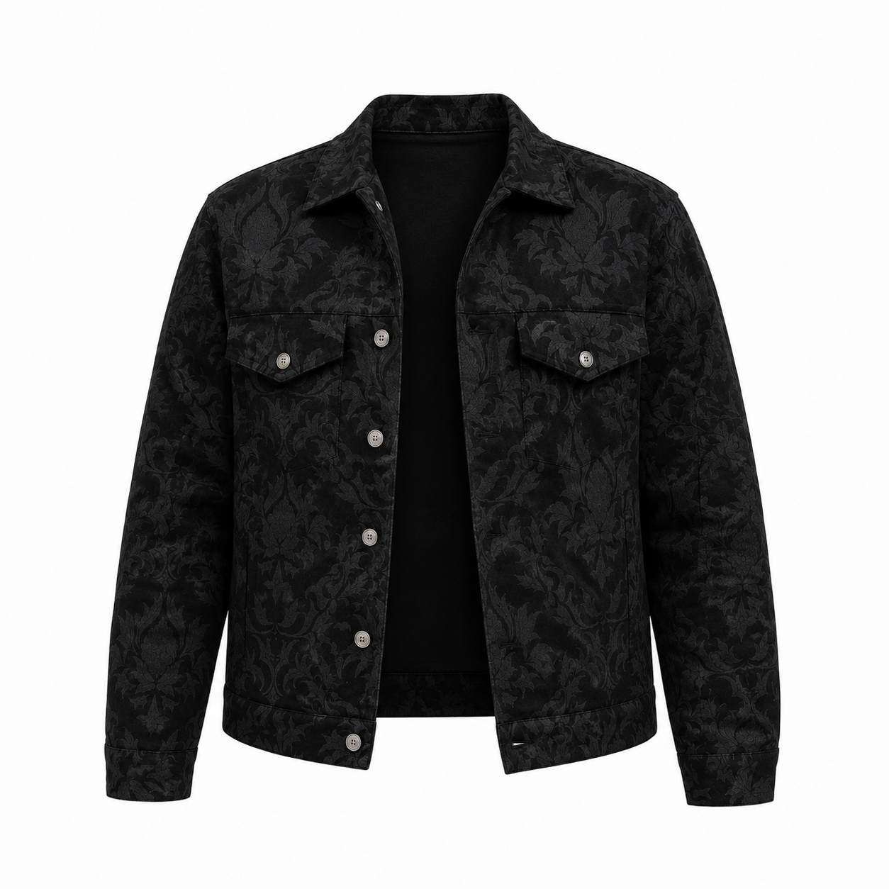 Front view of the Moth Denim Jacket displayed flat, showcasing the premium black jacquard weave, button-front closure, and structured trucker silhouette.