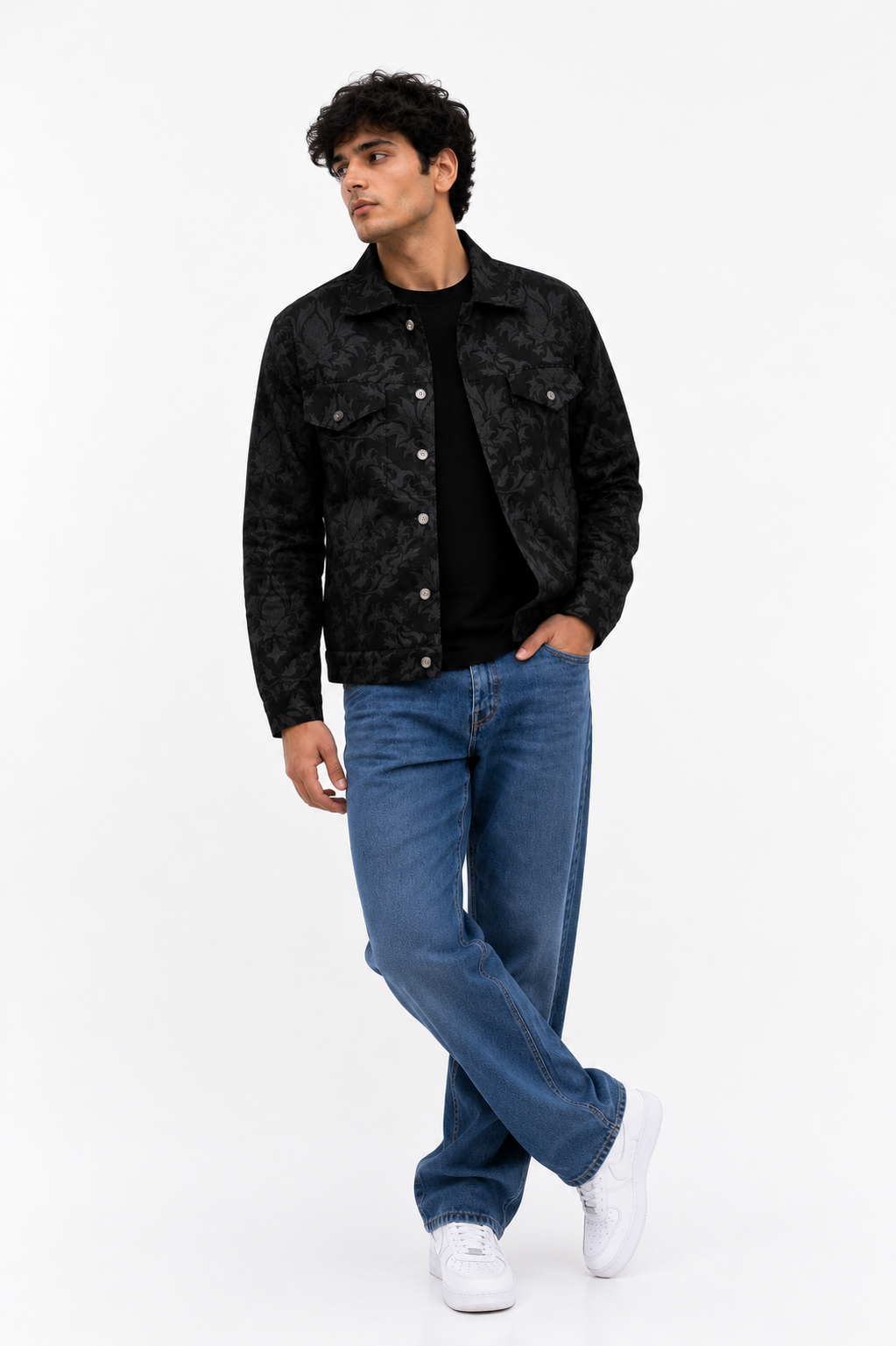 Male model wearing the Moth Denim Jacket styled with a black t-shirt, blue denim jeans, and white sneakers, highlighting the complete silhouette