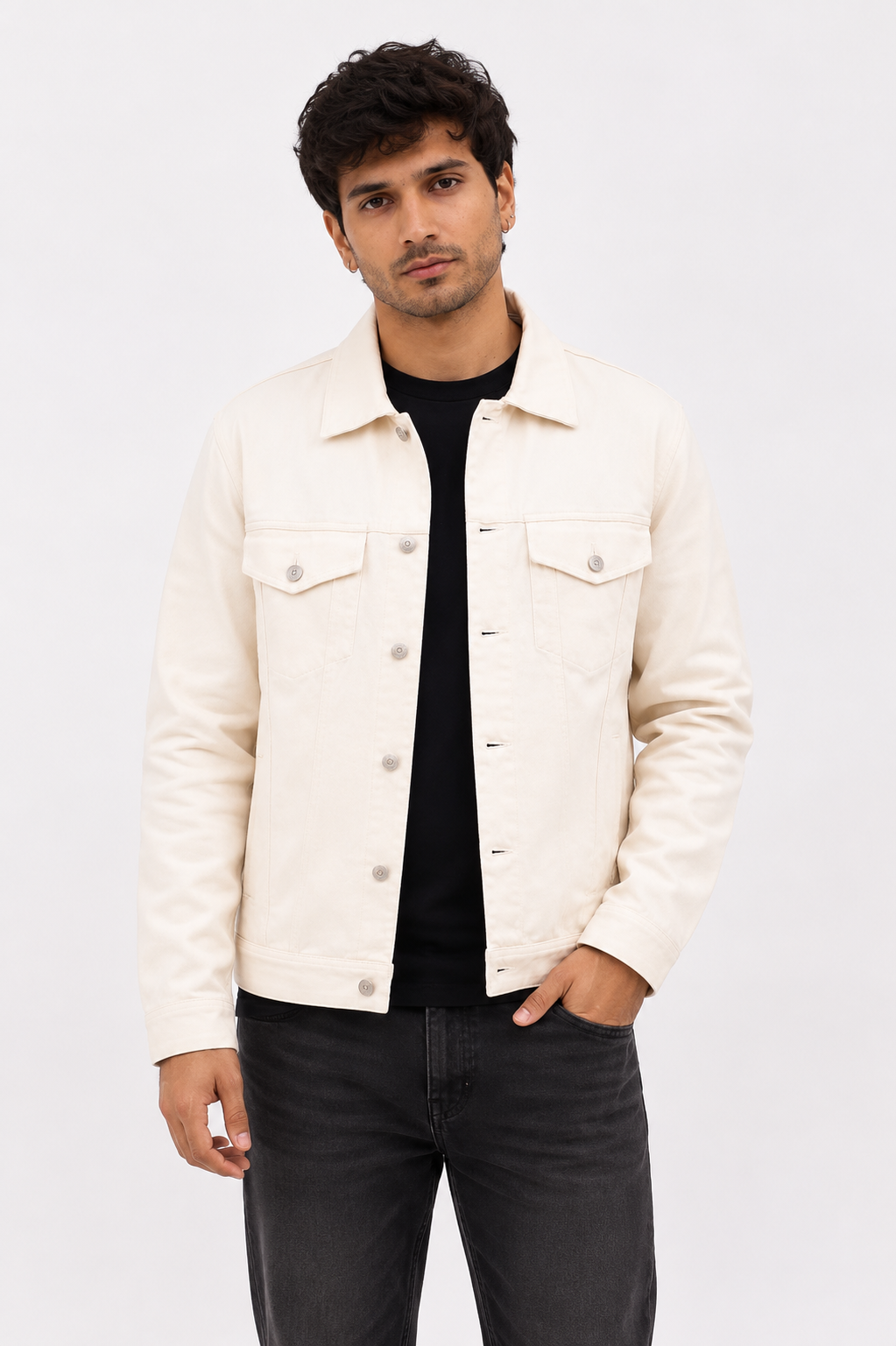 Male model wearing the Off White Denim Jacket styled with a black t-shirt and washed black denim for a clean minimalist look.
