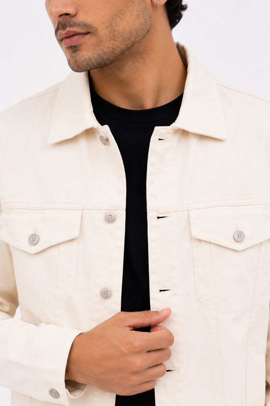 Close-up of the Off White Denim Jacket showcasing the premium fabric texture, classic collar, metal buttons, and flap chest pockets.
