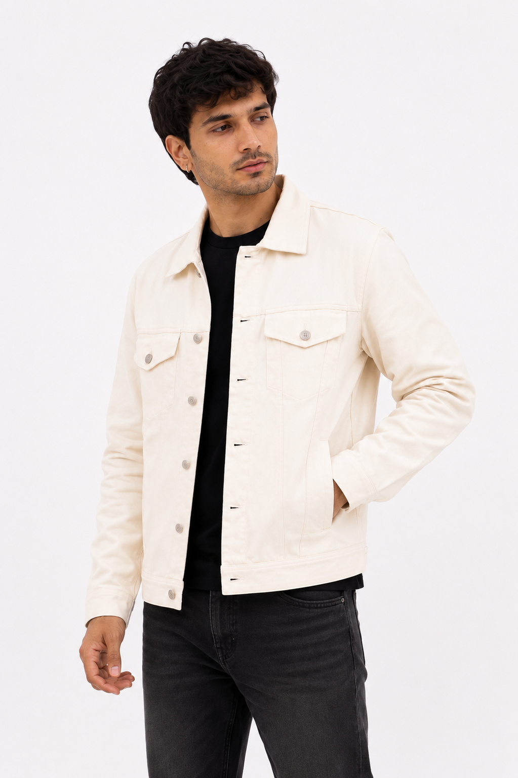 Three-quarter view of the Off White Denim Jacket highlighting its structured fit, premium heavyweight denim, and timeless trucker silhouette.