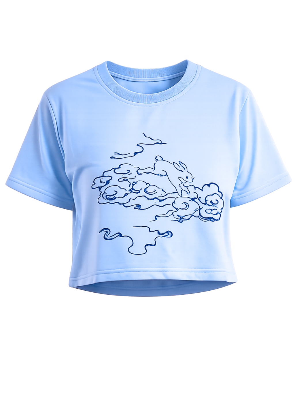 Puffy Dreams premium sky blue crop top featuring minimalist rabbit and cloud illustration by SYIN & SYRAH
