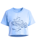 Puffy Dreams premium sky blue crop top featuring minimalist rabbit and cloud illustration by SYIN & SYRAH
