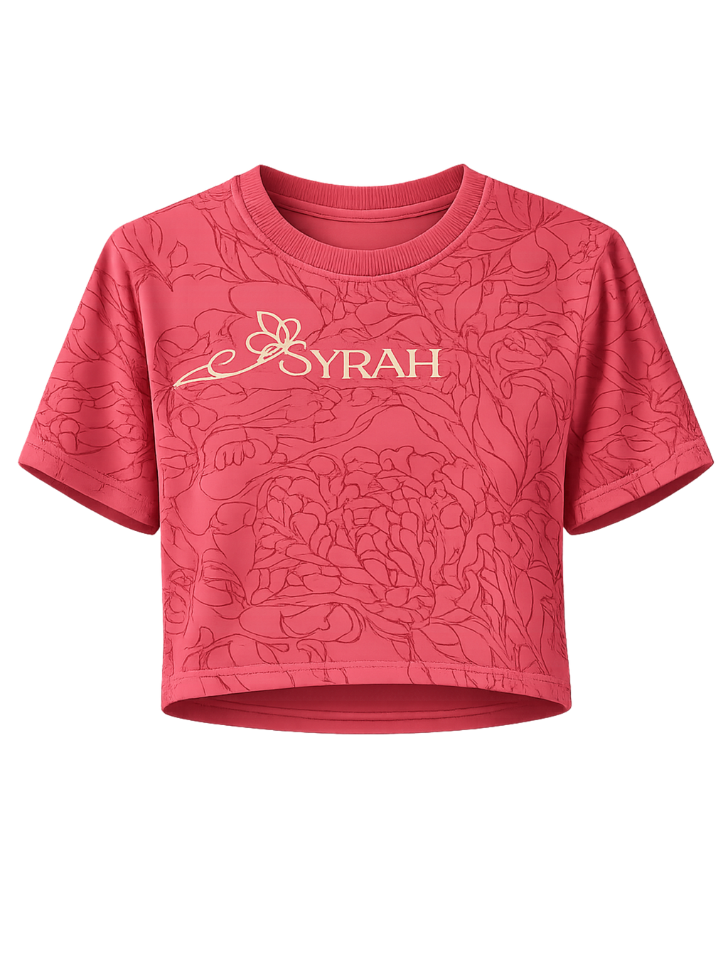 Rose Bloom rose pink crop top featuring tonal floral artwork and SYRAH logo