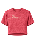Rose Bloom rose pink crop top featuring tonal floral artwork and SYRAH logo