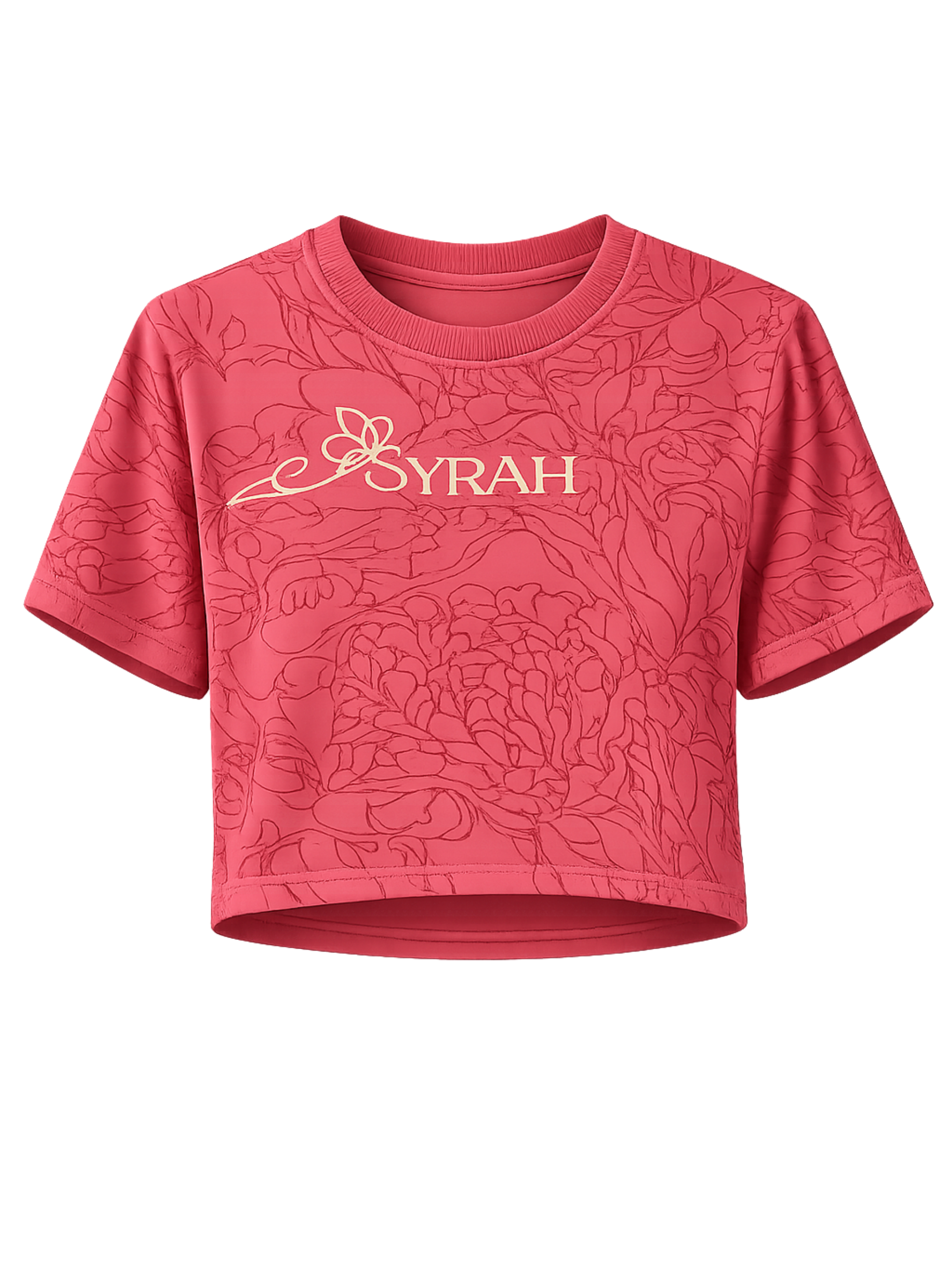 Rose Bloom rose pink crop top featuring tonal floral artwork and SYRAH logo