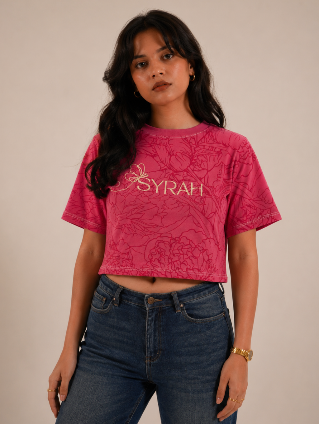 Front view of Rose Bloom premium pink floral crop top by SYRAH