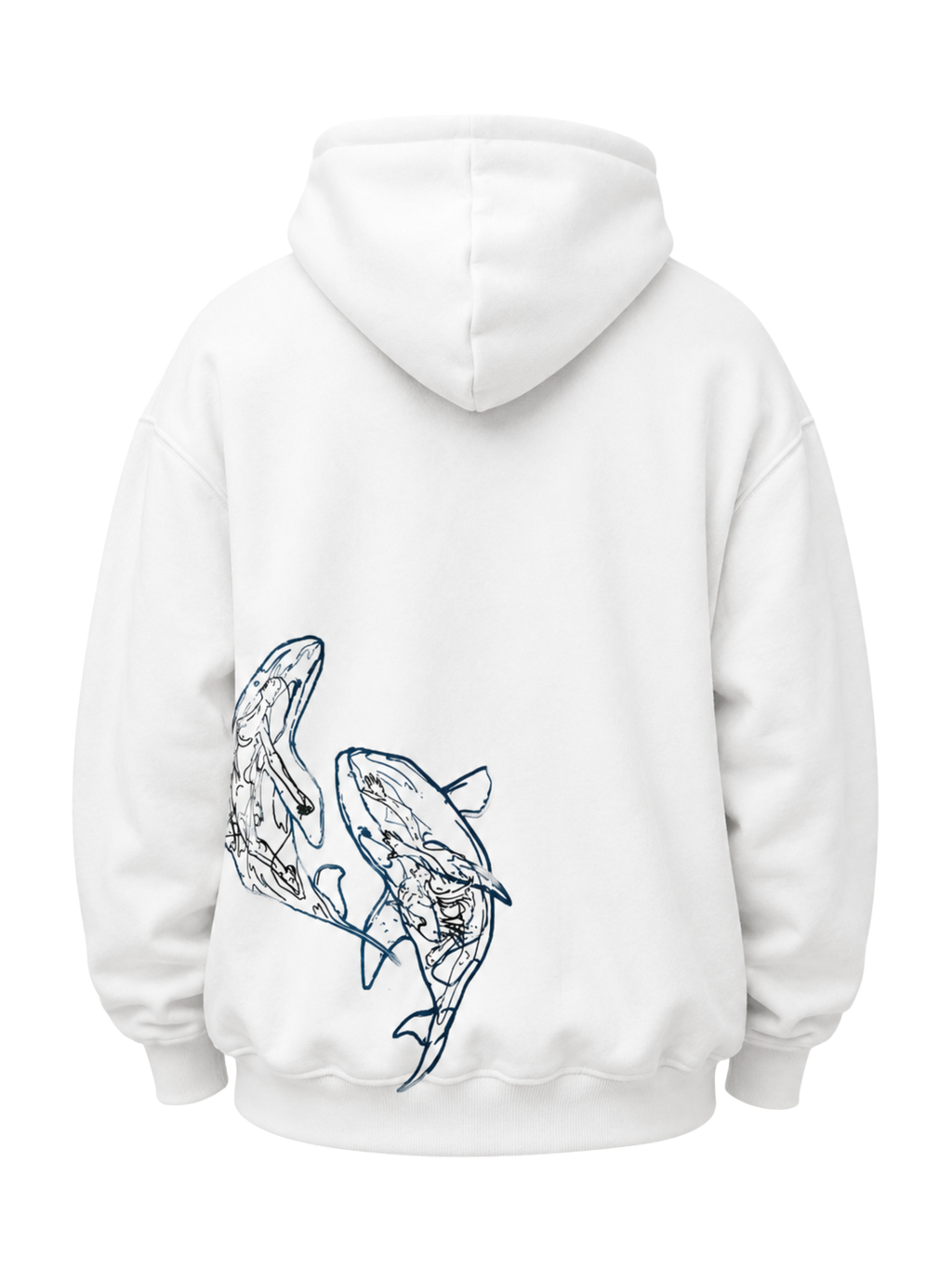 Back view of the Soul Born oversized white hoodie featuring the blue twin whale artwork on a transparent background.