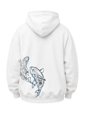 Back view of the Soul Born oversized white hoodie featuring the blue twin whale artwork on a transparent background.