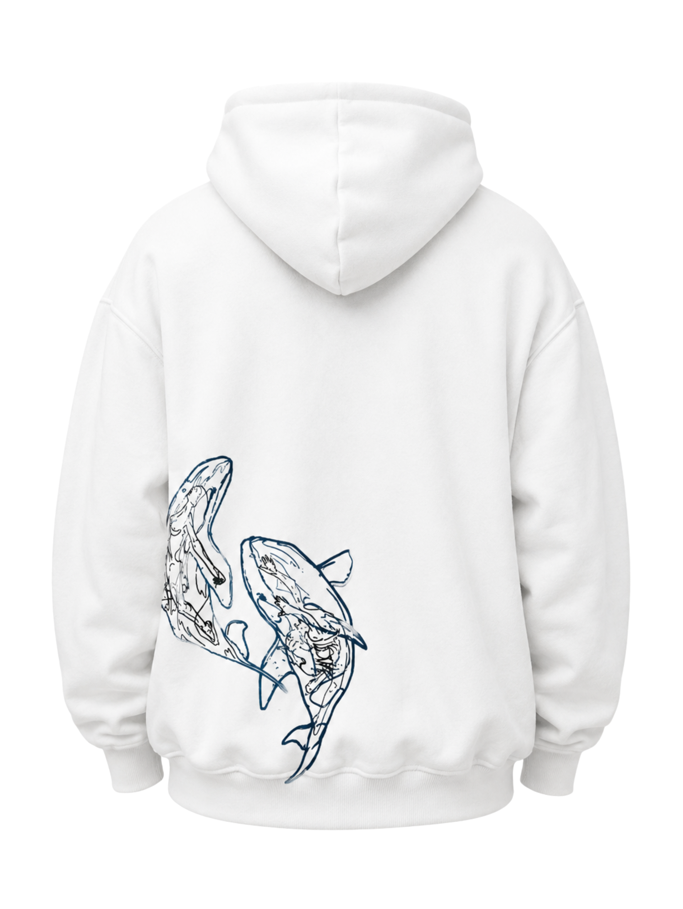 Back view of the Soul Born oversized white hoodie featuring the blue twin whale artwork on a transparent background.