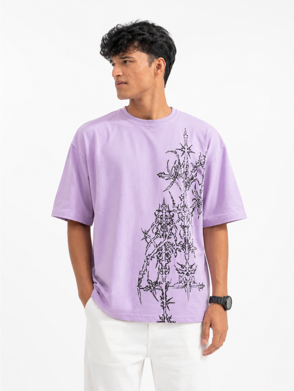 Male model wearing Thorned Oath oversized lavender oversized t-shirt