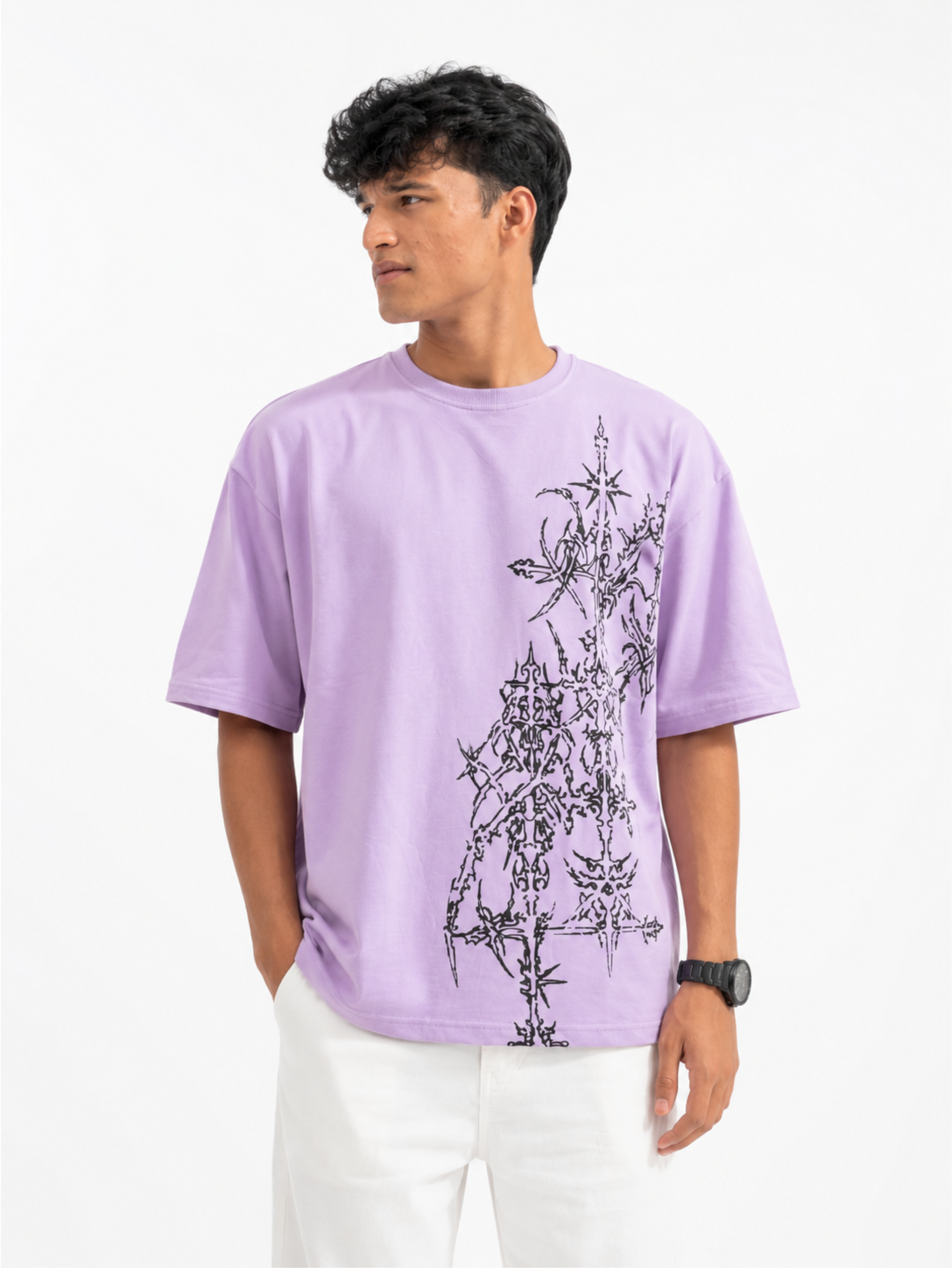 Male model wearing Thorned Oath oversized lavender oversized t-shirt