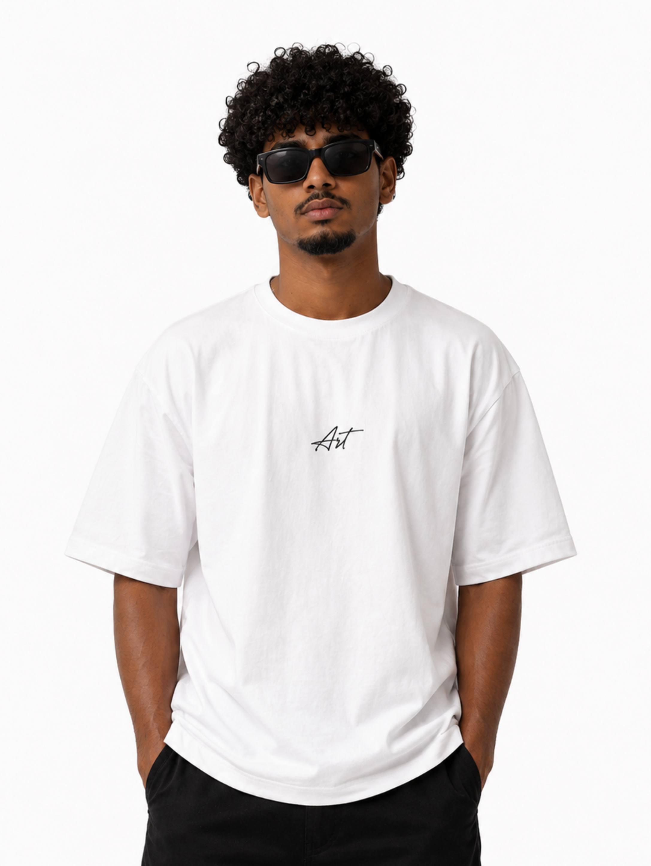 Male model wearing Undying Canvas oversized heavyweight white streetwear t-shirt with minimalist front graphic