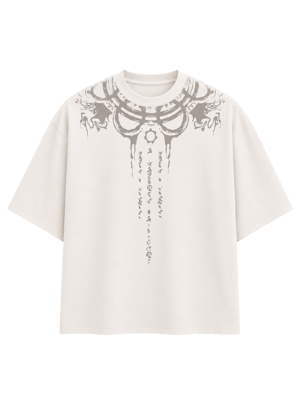 Vishnu Ascendent premium oversized white cotton T-shirt by Syin&Syrah featuring celestial gothic neckline artwork with sacred script detailing and heavyweight streetwear construction.