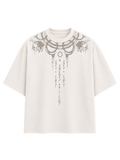 Vishnu Ascendent premium oversized white cotton T-shirt by Syin&Syrah featuring celestial gothic neckline artwork with sacred script detailing and heavyweight streetwear construction.