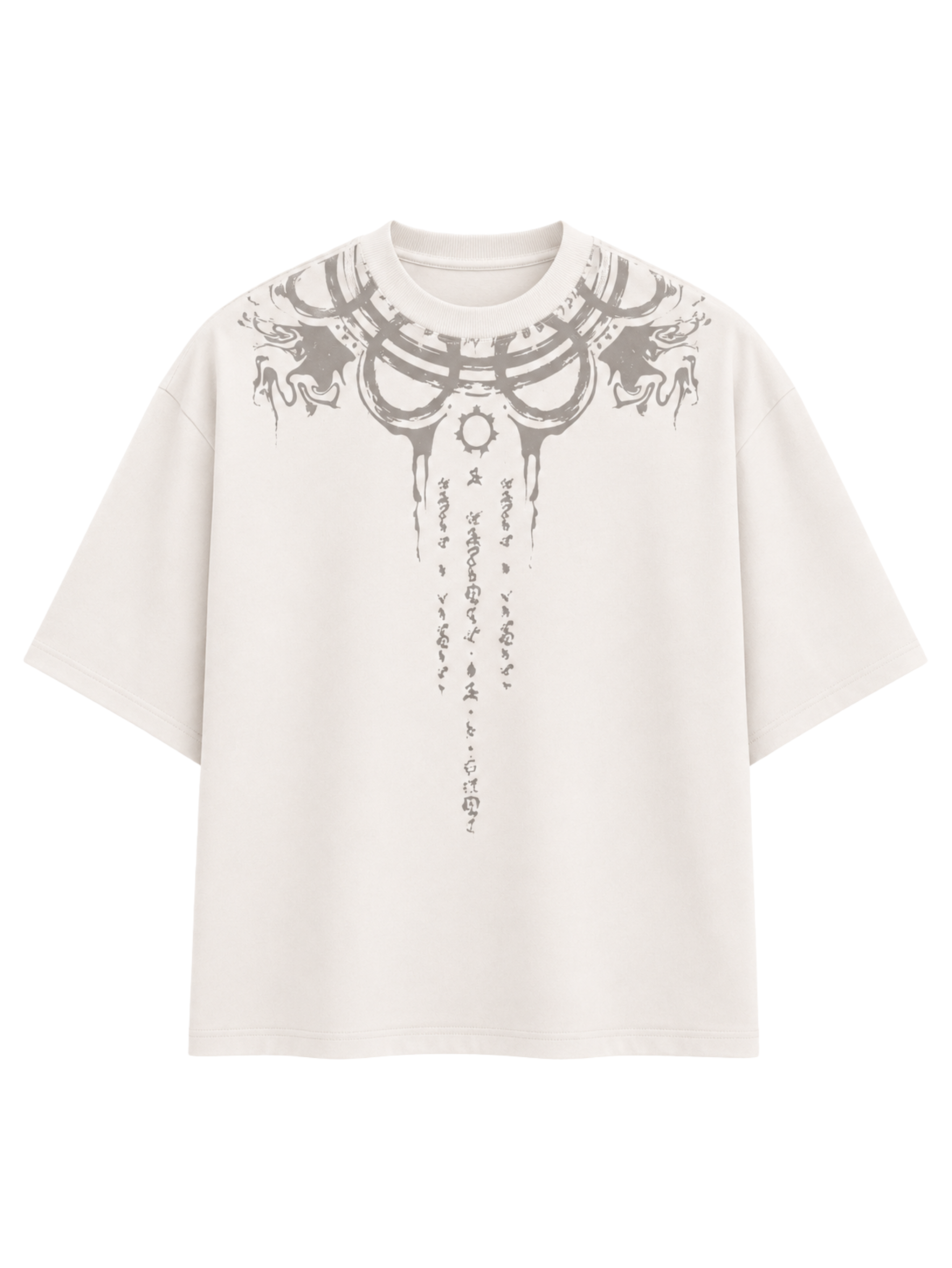 Vishnu Ascendent premium oversized white cotton T-shirt by Syin&Syrah featuring celestial gothic neckline artwork with sacred script detailing and heavyweight streetwear construction.