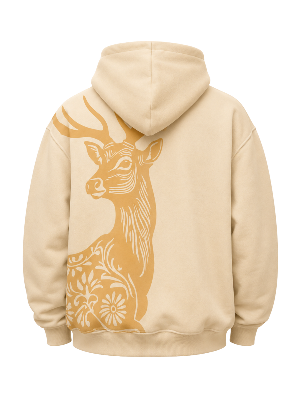 Back view of the Wild Grace oversized sand beige hoodie featuring the large deer illustration on a transparent background.
