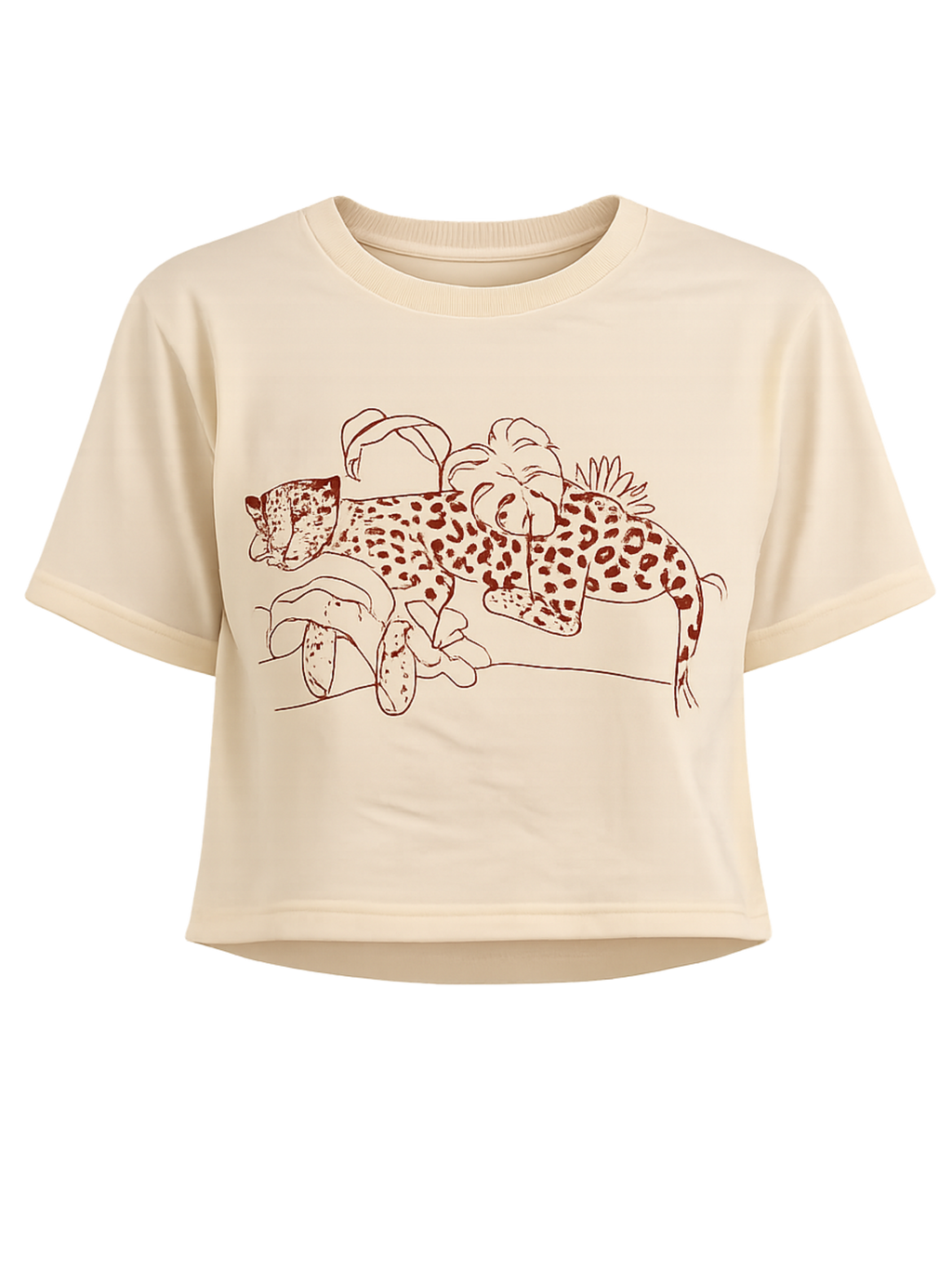 Wild Rest premium cream crop top featuring lounging leopard botanical illustration by SYIN & SYRAH