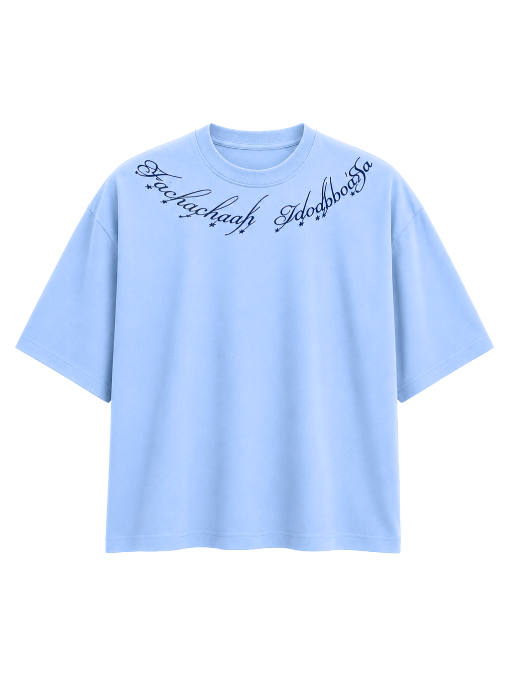 Winged Curse oversized sky blue cotton T-shirt by SYIN & SYRAH featuring gothic typography across the neckline and premium heavyweight streetwear construction.